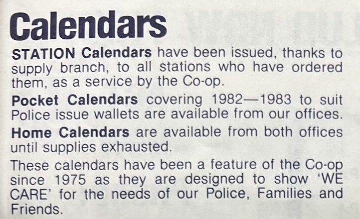 An excerpt from the Police Credit Co-op's newsletter announcing station calendars.