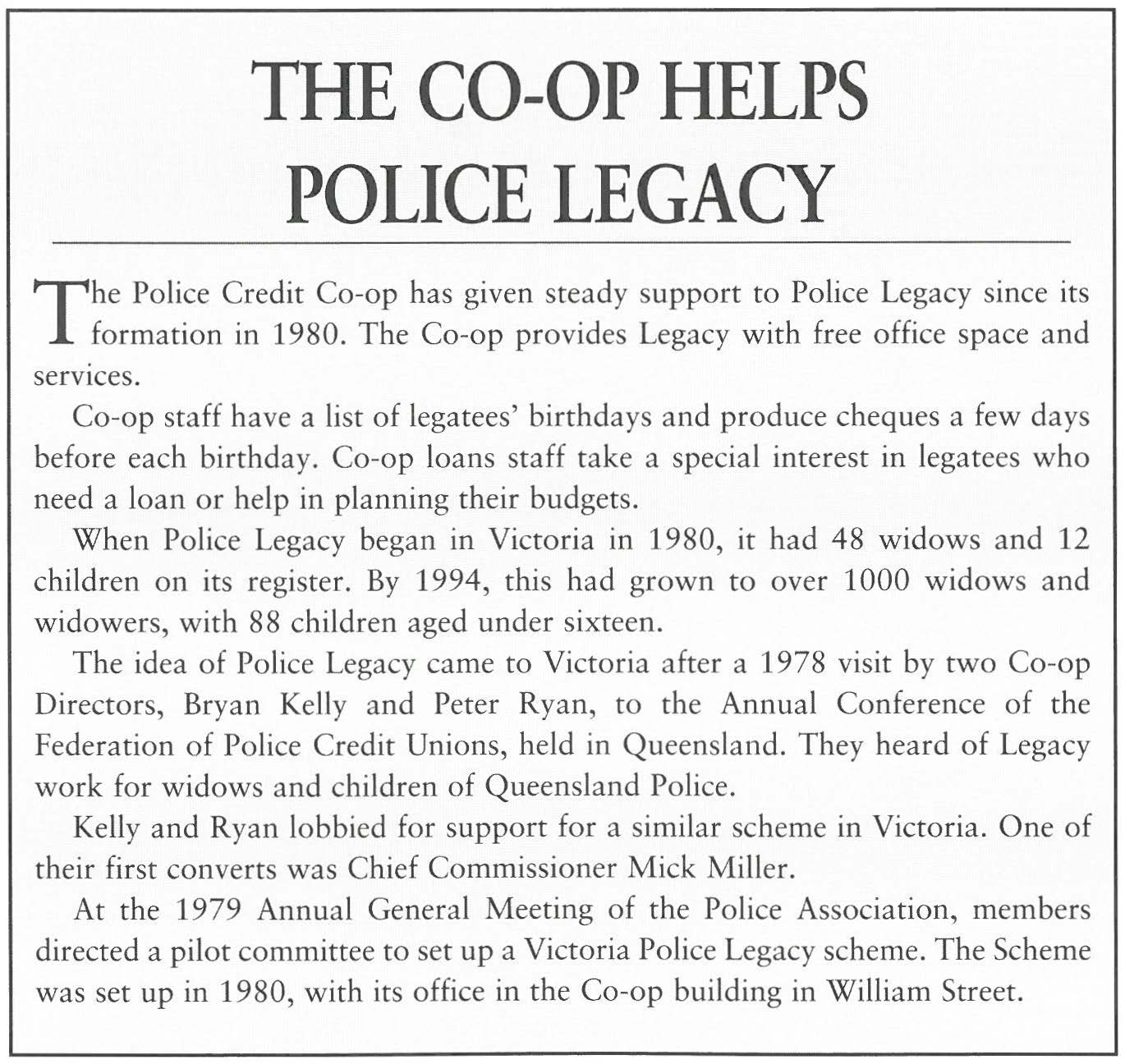 Extracted article from the Police Credit Co-op (now BankVic)'s newsletter in 1980, about the Co-op's support for Victoria Police Legacy.