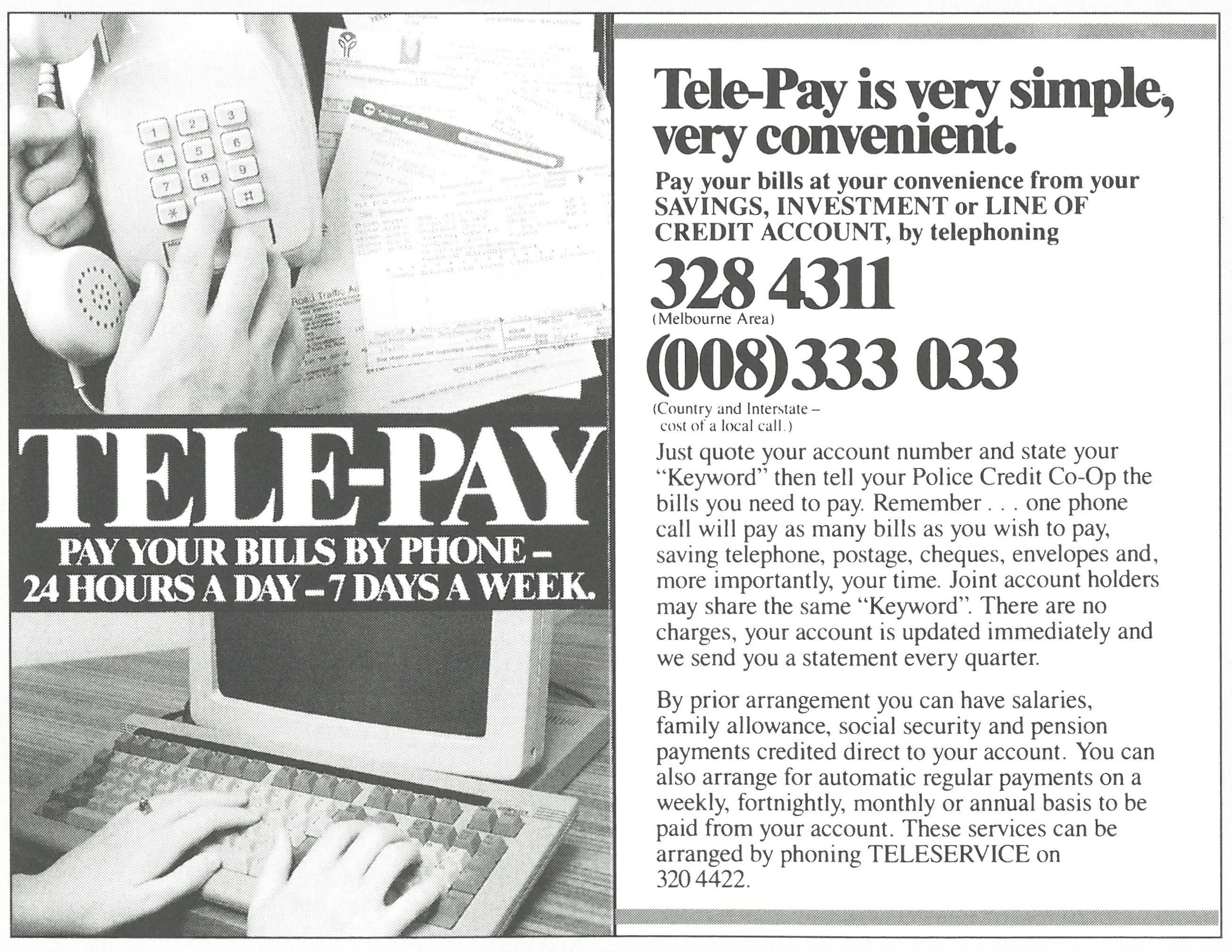 An article from the Police Credit Co-op (now BankVic)'s newsletter announcing Tele-Pay, a phone-based service for banking.