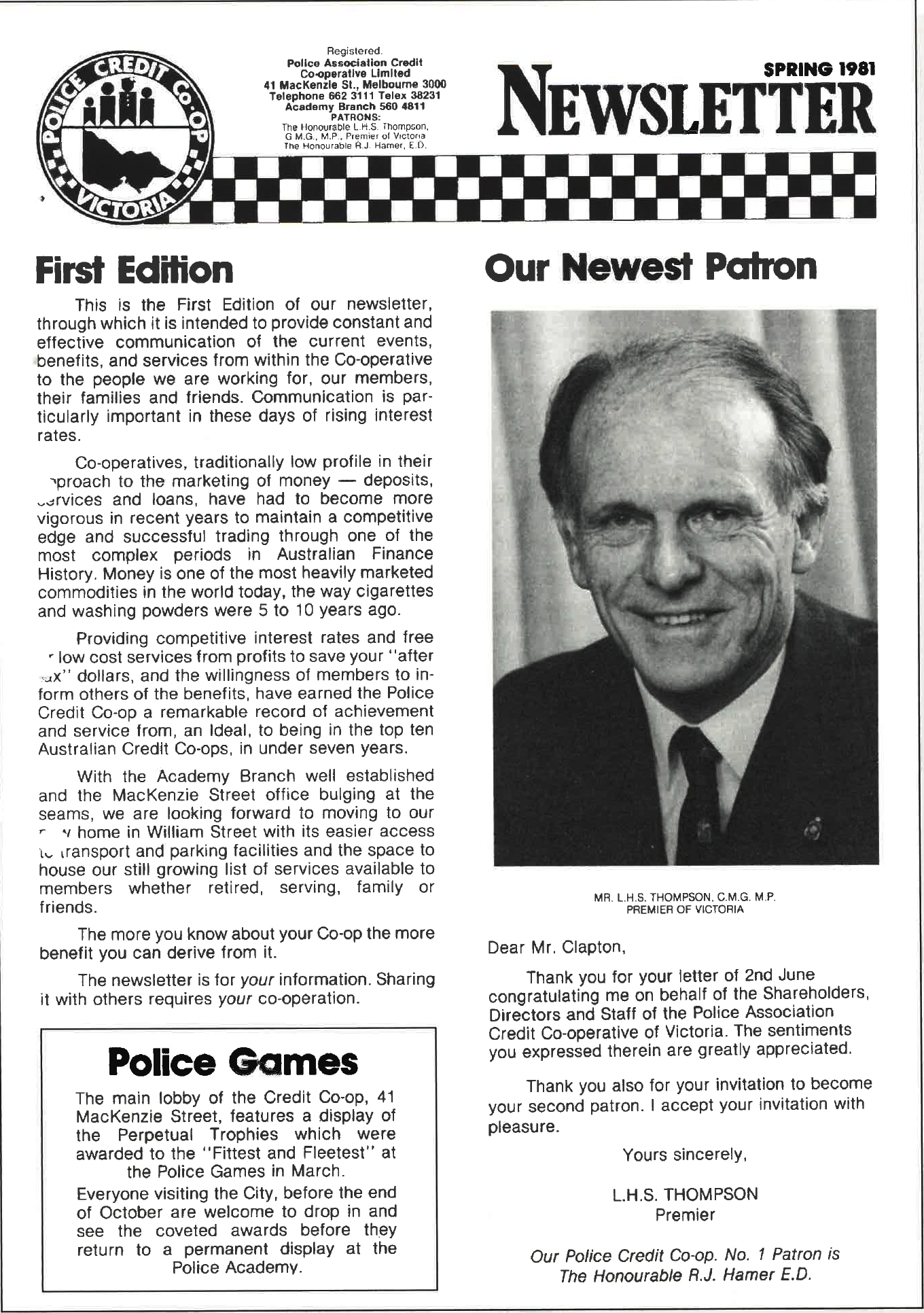 An article from the Police Credit Co-op (now BankVic)'s newsletter announcing Lindsay Thompson, then premier of Victoria, as #2 patron of the Co-op.