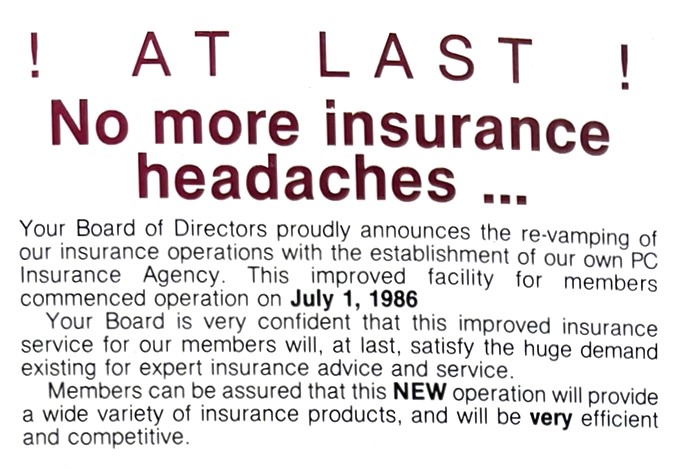 An article from the Police Credit Co-op (now BankVic)'s newlstter in 1986 announcing the launch of PC Insurance.