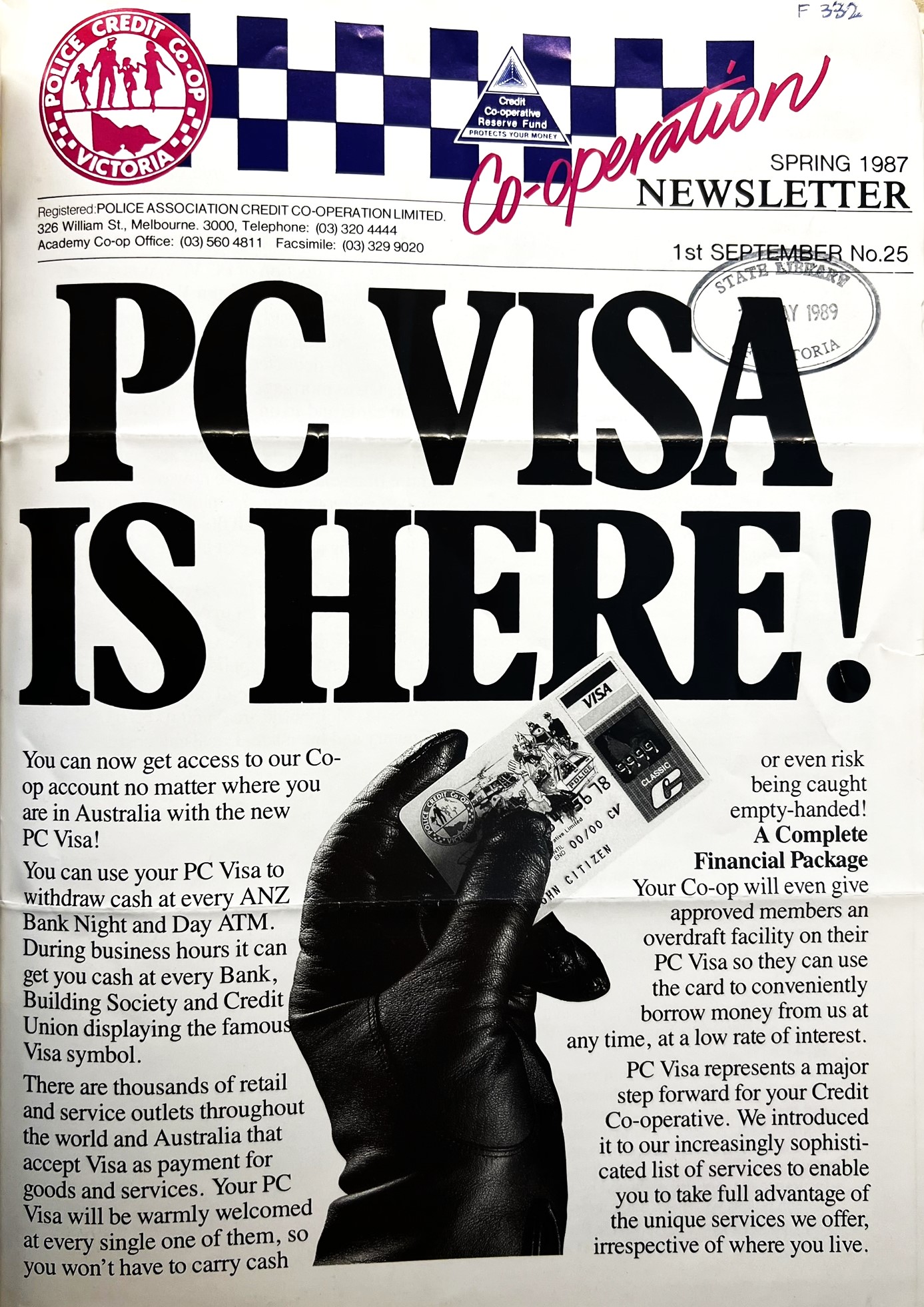 An article from the Police Credit Co-op (now BankVic)'s newsletter in 1987 announcing the availability of PC Visa cards.