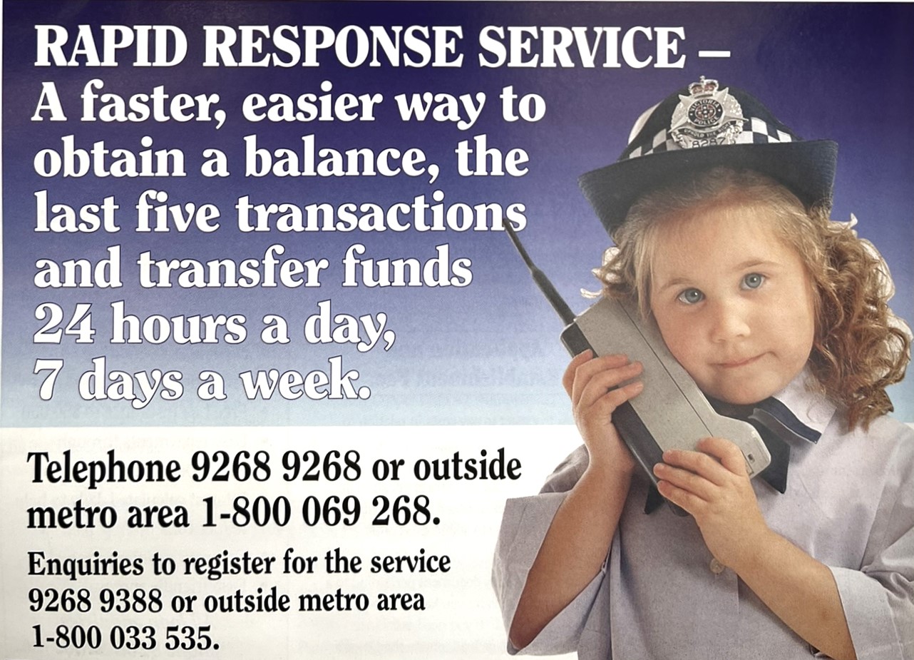 An article from the Police Credit Co-op (now BankVic)'s newsletter in 1993 promoting the Rapid Response Service.