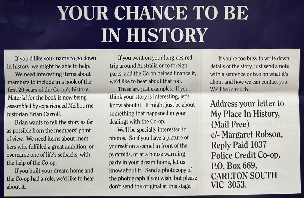 An article from the Police Credit Co-op (now BankVic)'s newsletter in 1994 inviting member to share memories ahead of the Co-op's 10th Anniversary.