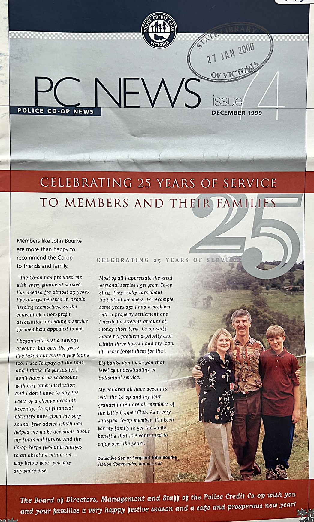 An article from the Police Credit Co-op (now BankVic)'s newsletter in 1999 commemorating 25 years of the Co-op.