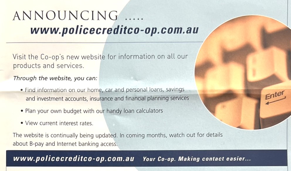 An article from the Police Credit Co-op (now BankVic)'s newsletter in 2000 announcing the Co-op's first website.