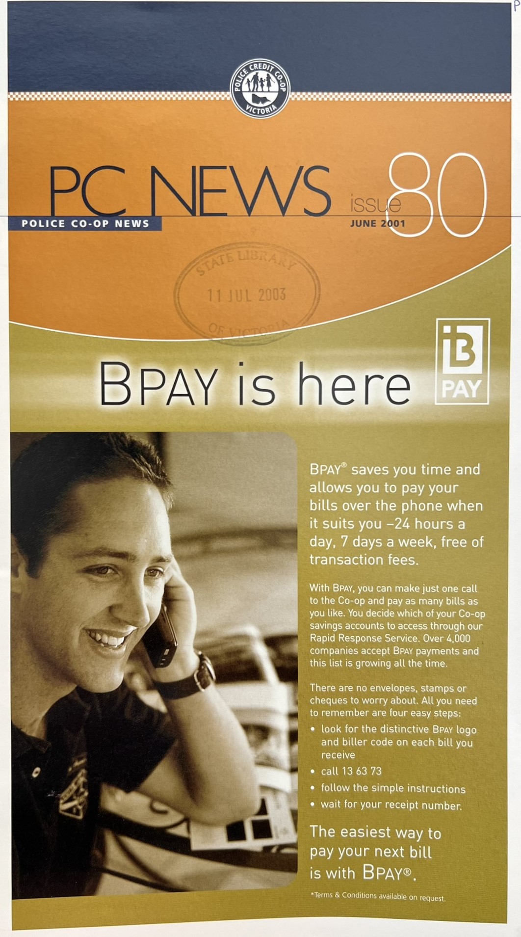 An article from the Police Credit Co-op (now BankVic)'s newsletter in 2001 announcing the availability of BPAY.