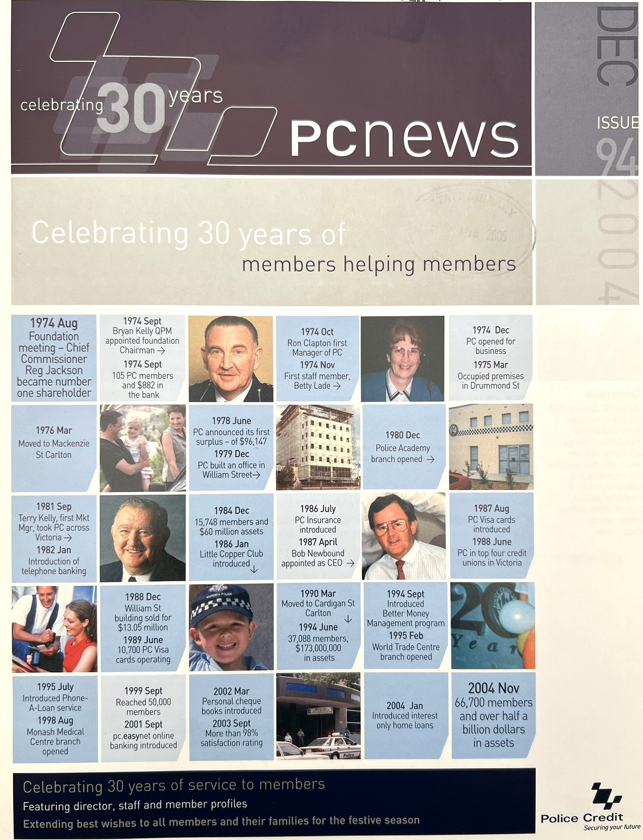 Front cover of the Police Credit Co-op (now BankVic)'s newsletter in 2004 commemorating 30 years of the Co-op.