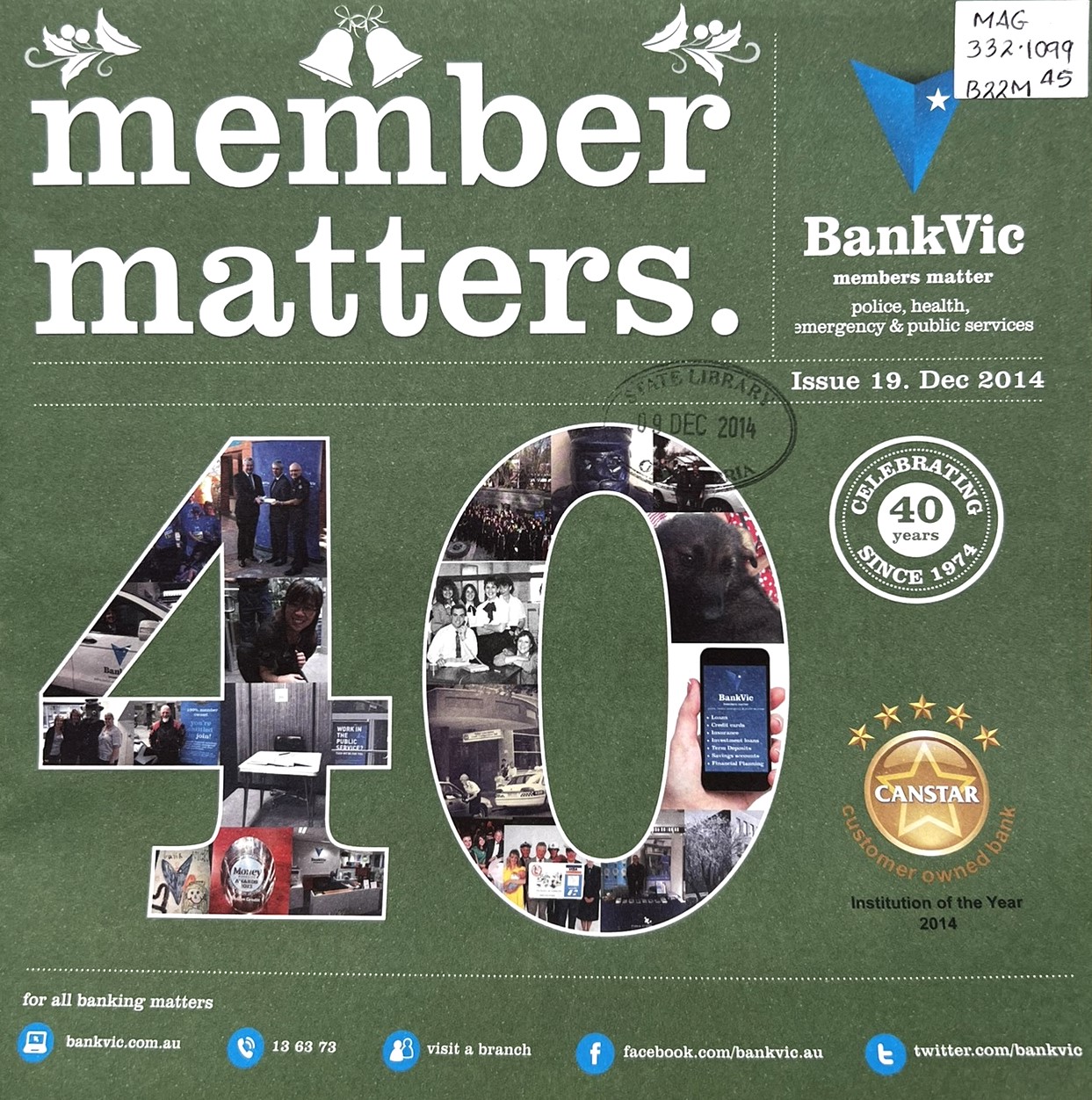 The front cover of BankVic's newsletter, Member Matters, in 2014 commemorating 40 years since the establishment of the Police Credit Co-op.