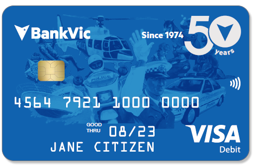 An image of a commemorative Visa Debit card showcasing BankVic's 50th anniversary.